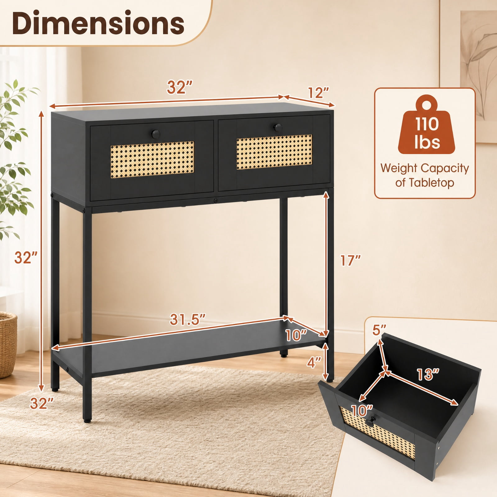 Furnibear Rattan Console Table Boho Entryway Table with 2 Rattan Drawers and Open Storage Shelf for Hallway Living Room, Black
