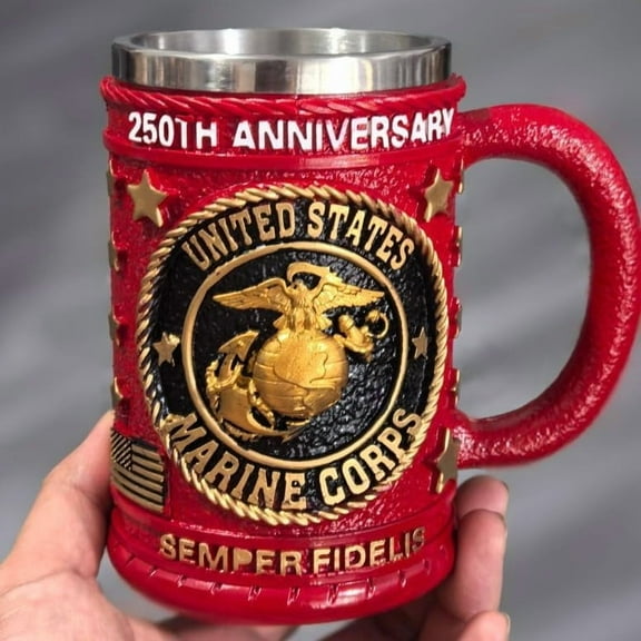 250th Anniversary Mugs Military Mug, 250th Anniversary Gifts 3D Marine-Corps  Mug Commemorative Coffee Cup, Stainless Steel Inner, Christmas Gifts for Veteran & Military Fun Collectibles