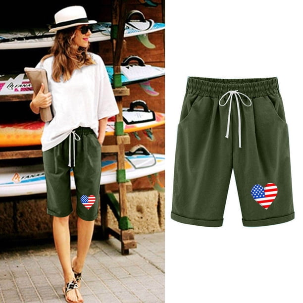 Puntoco Pantalones Cortos De Verano Mujer Moda 2024 Pantalones Cortos De Mujer Algodón Y Lino Estampado De Moda Cintura Elástica Pantalones De 5 Pulgadas Cordón Pantalones Cortos De 5 Pulgadas