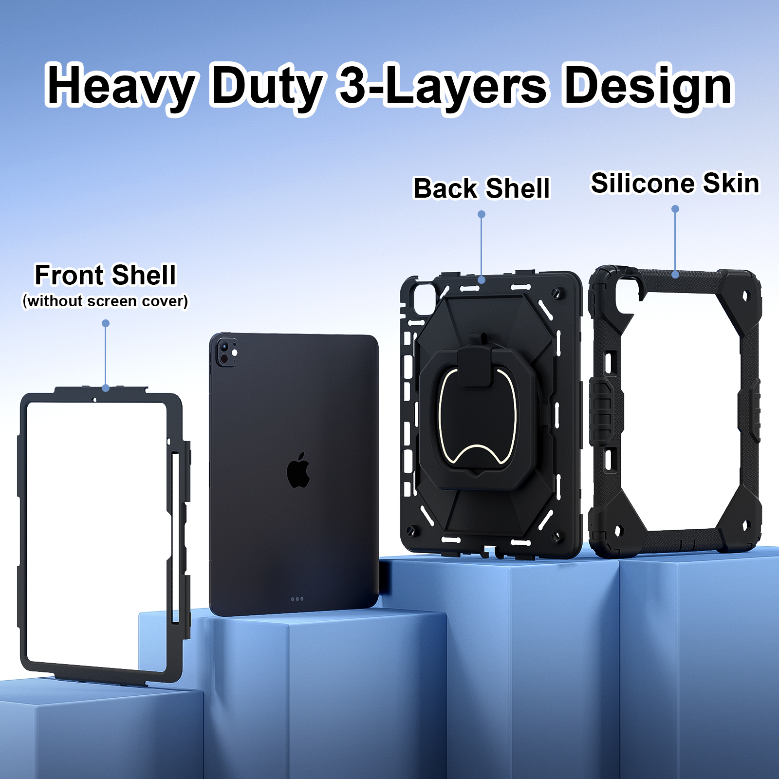 Dteck with Pencil Holder Case for iPad Pro 13 inch 2024,Heavy Duty Silicone Case 360 Degree Rotating Handle Stand Cover with Shoulder Strap for iPad Pro 13-in. (M4) ,Black