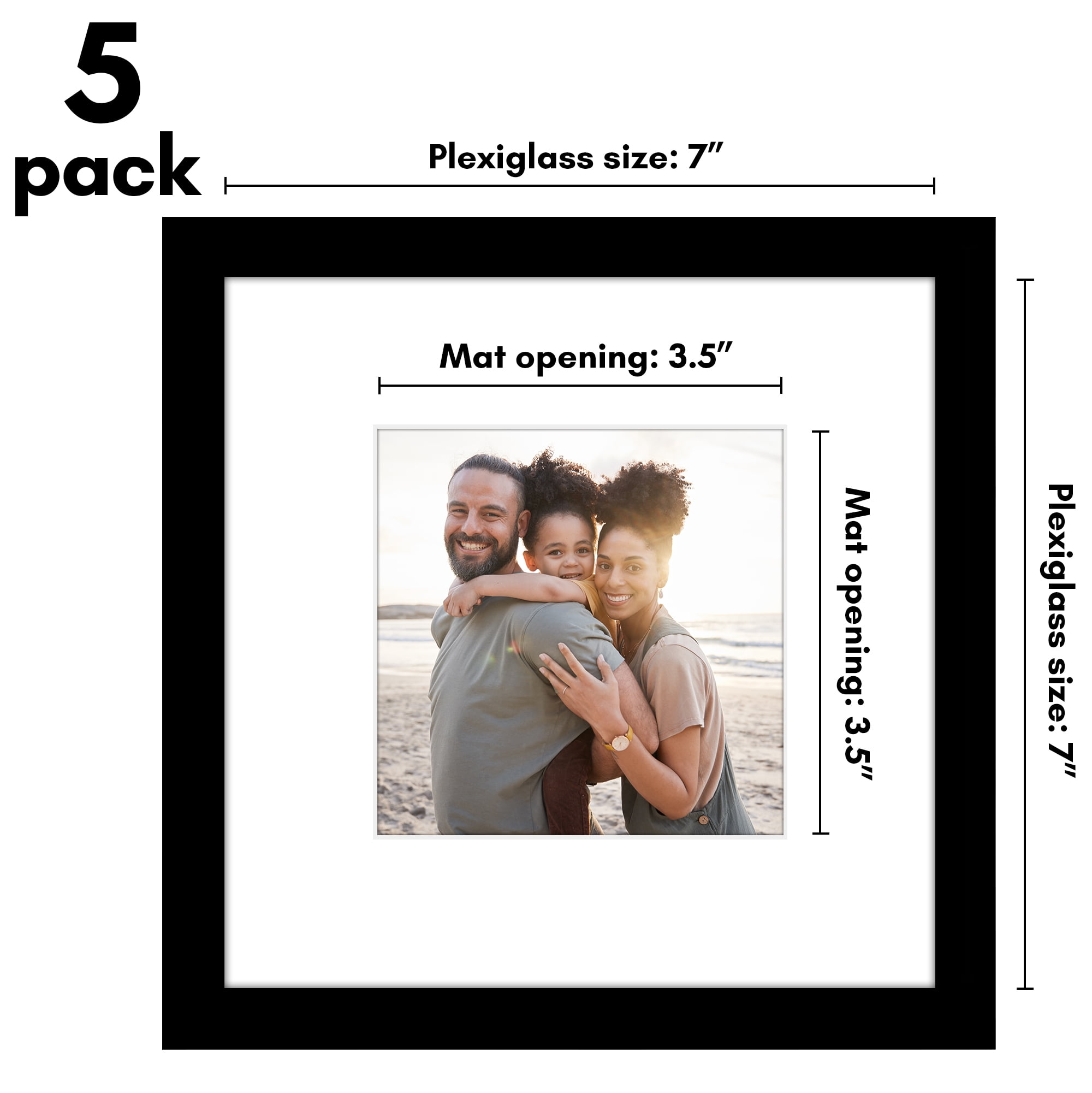 Americanflat 7x7 Picture Frame with Polished Plexiglass with 4x4 Mat 5 Pack Display Photo Galleria - Black
