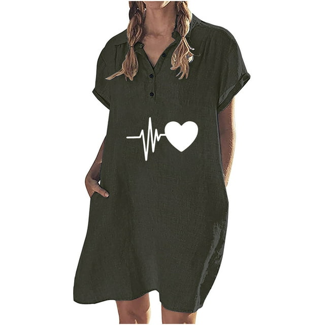 Vestido casual de color sólido con botones de solapa y manga corta de algodón y lino para mujer Pompotops ghjkhdj14765
