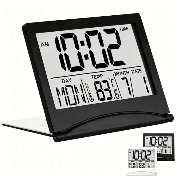 XIBUFE Digital Travel Alarm Clock – Foldable Calendar,Temperature & Timer with Snooze – Large Number Display,Battery Operated – Compact Desk Clock for Home & Office (Black)