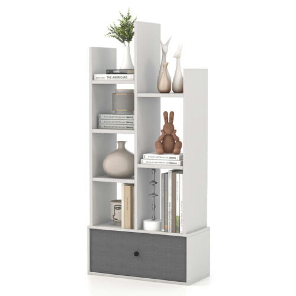Demi Bonn 7-Tier Open-Back Bookshelf with Drawer, Space-Saving Storage Rack Bookcase, White