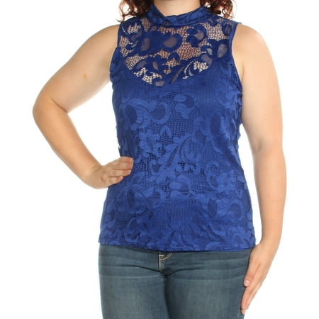 INC Womens Blue Lace Sleeveless Illusion Neckline Top  Size: