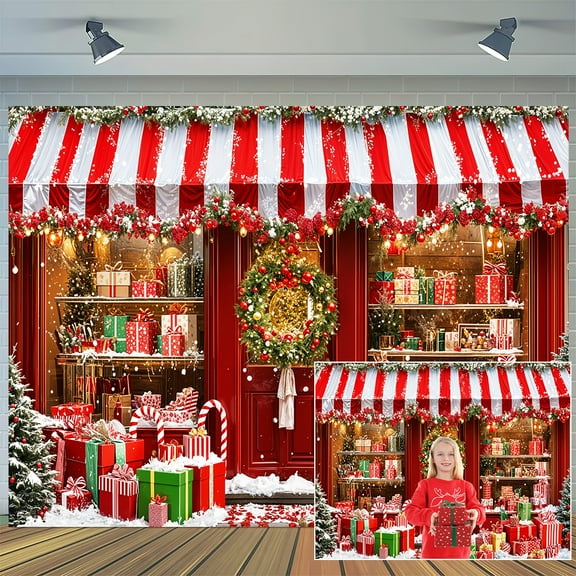 Christmas Candy Shop Backdrop Xmas Candy Storefront Santa's Toy Shop Photography Background Winter Snowflake Led Gift Holiday Party Decorations Photo Booth Studio Prop 7X5