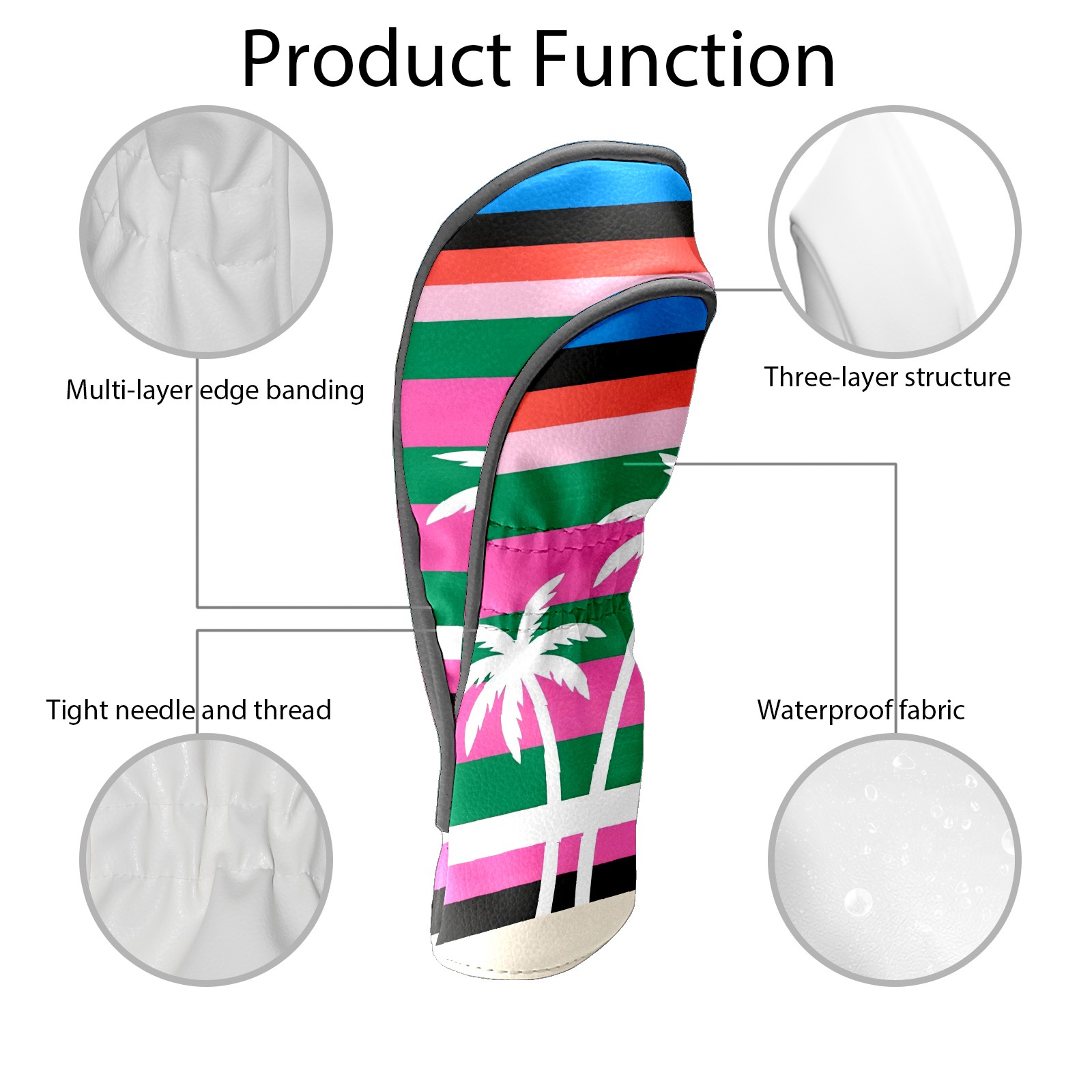 Golf Club Covers, Colorful Palm Tree Premium PU Leather Driver Hybrid Putter Head Covers with Velvet Lining, Waterproof Golf Gifts for Men Women