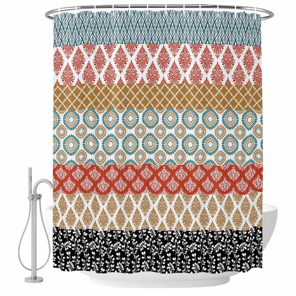 Boho Ethnic Fabric Shower Curtain Bohemian Geometric Stripes Orange Washable Shower Curtains for Bathroom, Waterproof Bath Curtain with Hooks Home Decor 72x84in