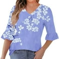 thumbnail image 2 of USSUMA Up to 65% Off Womens Summer Tops 3/4 Sleeve V Neck Floral Prints Stylish Loose Tunic Pullover Blouse Casual Ruffle T-Shirt Simple Oversized Fit Summer Tops for Costume Purple S, 2 of 5