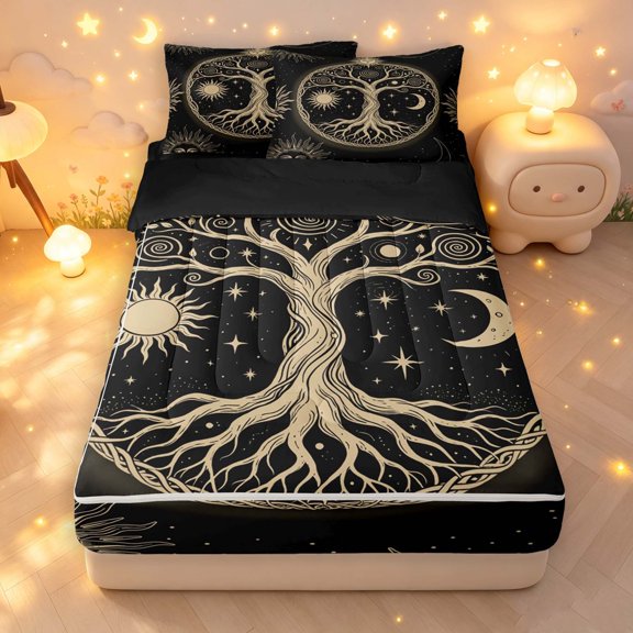 Homewish Bohemian Nature Tree Zipper Twin Comforter Sets with Fitted Sheet and 2 Pillowcases,Vintage Sun Moon Zipper Bedding Set,Black Gold,Black Reversible,4pcs
