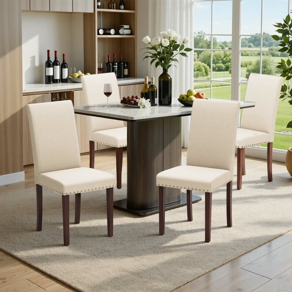 Pirecart 4 PCS Upholstered Dining Chairs Set, Tufted Parsons Design Kitchen Chairs with Nail Head Trim, Solid Wood Legs and Padded Seat, for Kitchen, Dining Room, Living Room, Beige