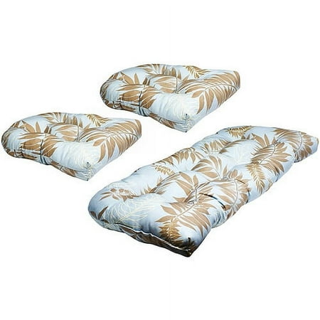 3 Piece Outdoor Wicker Cushion Set, Slate Blue with Brown Leaf Print