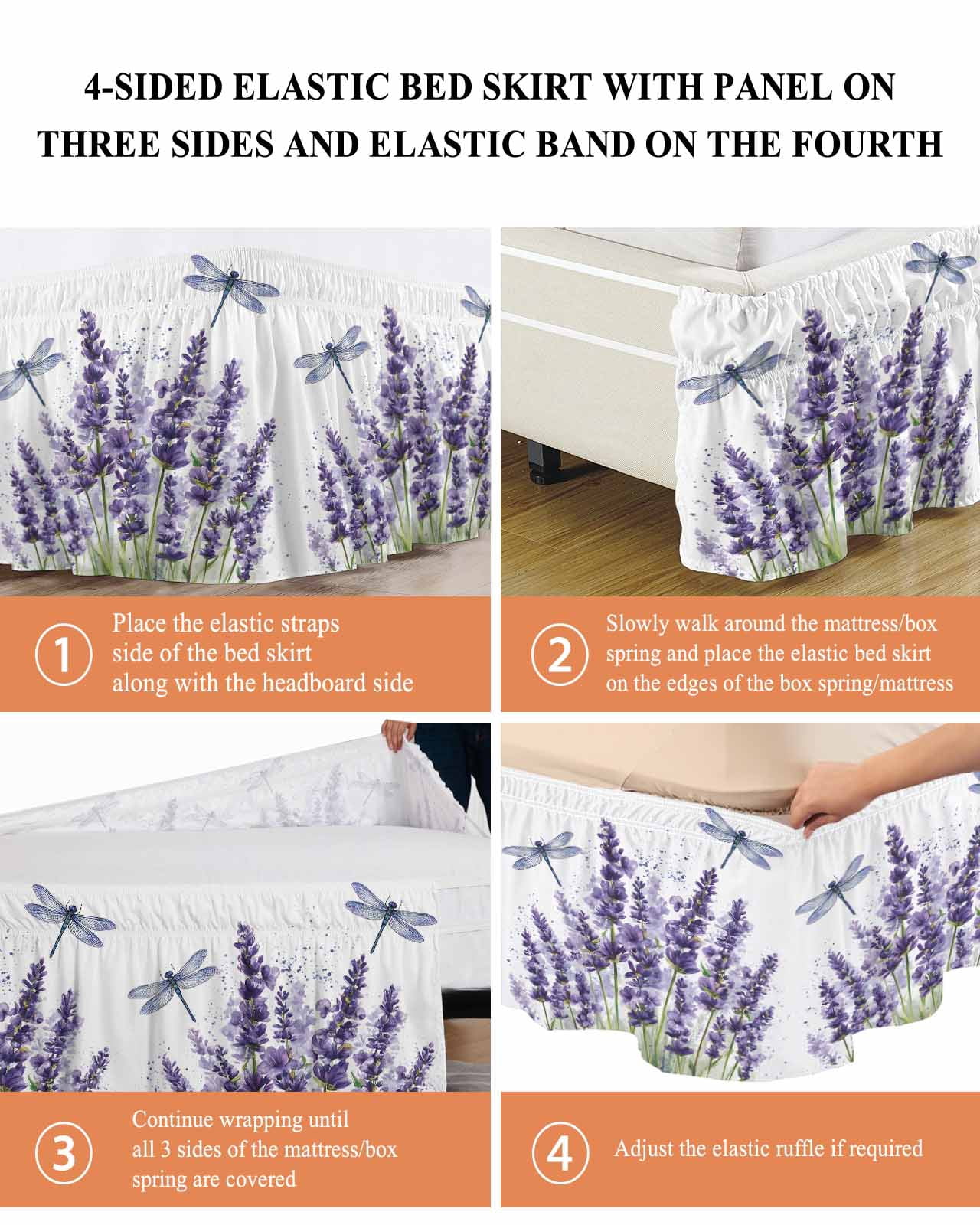 Purple Lavender Wrap Around Bed Skirts for Queen Bed 16" Drop,Bed Skirt with Adjustable Elastic Belt Dust Ruffle Bed Valance for Bedroom Hotel Pastoral Botanical Floral Dragonfly Bed Frame Cover