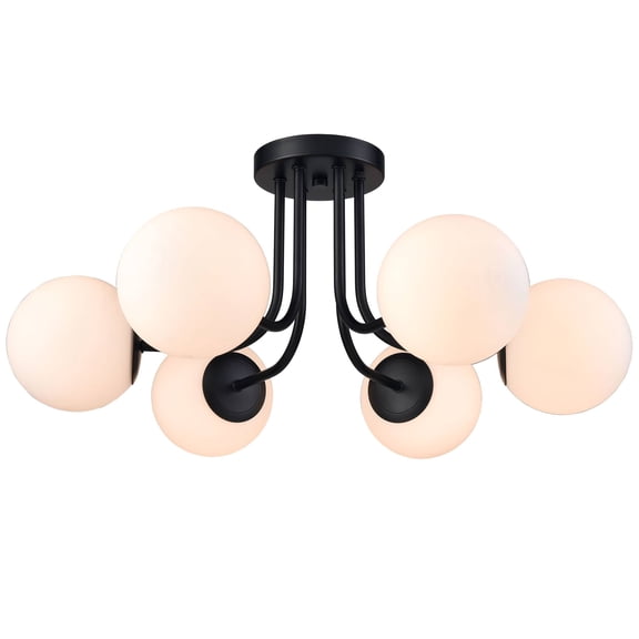 Claxy Black Sputnik Semi Flush Mount Ceiling Light with Globe Milk Glass Shade 6-Light