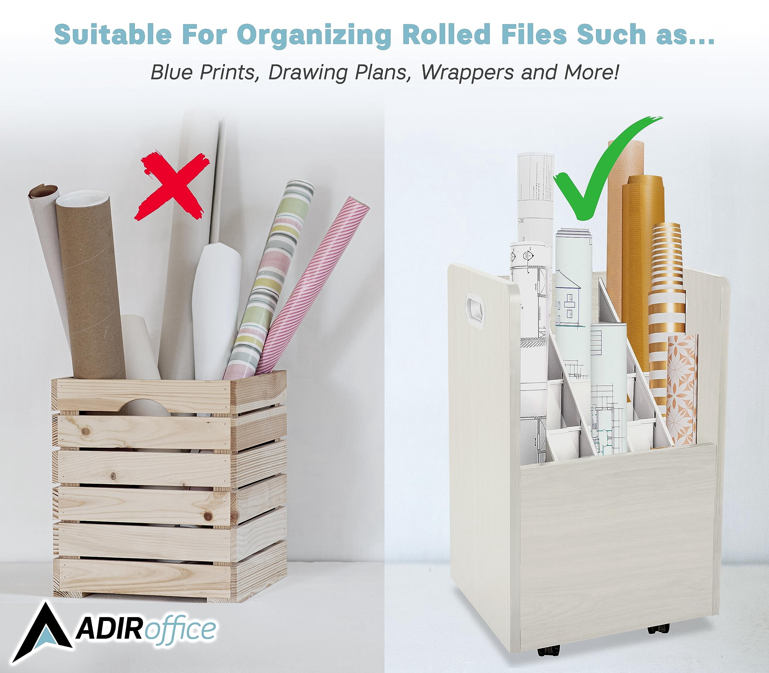 Adir Blue Print Storage Organizer- Mobile Roll File Cart, Construction Plan Holders, Blueprint Cabinet with Wheels (20 Slots, White)