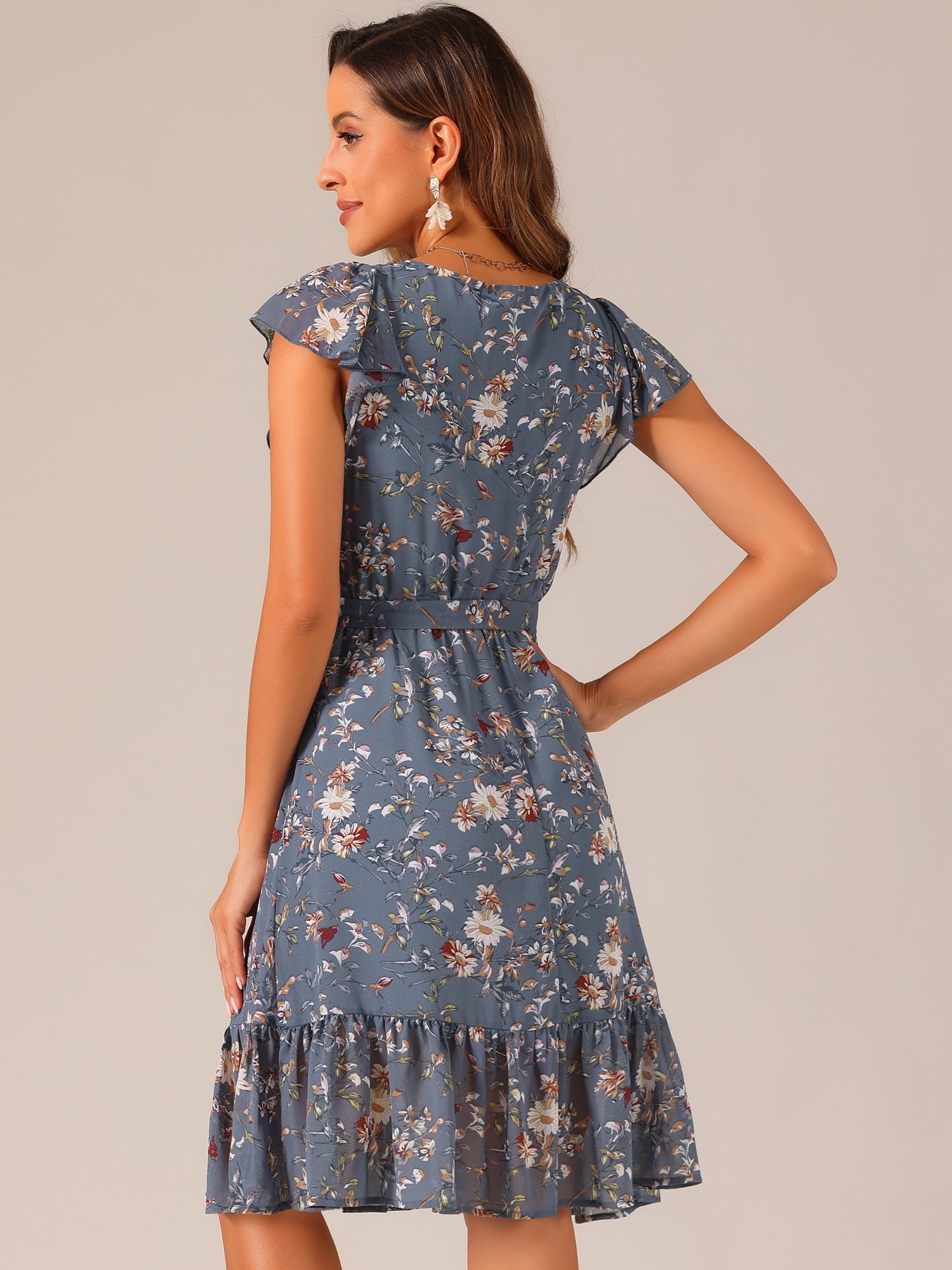 DARING DIVA Square Neck Flutter Sleeve A-Line Midi Dress XL Dusty Blue