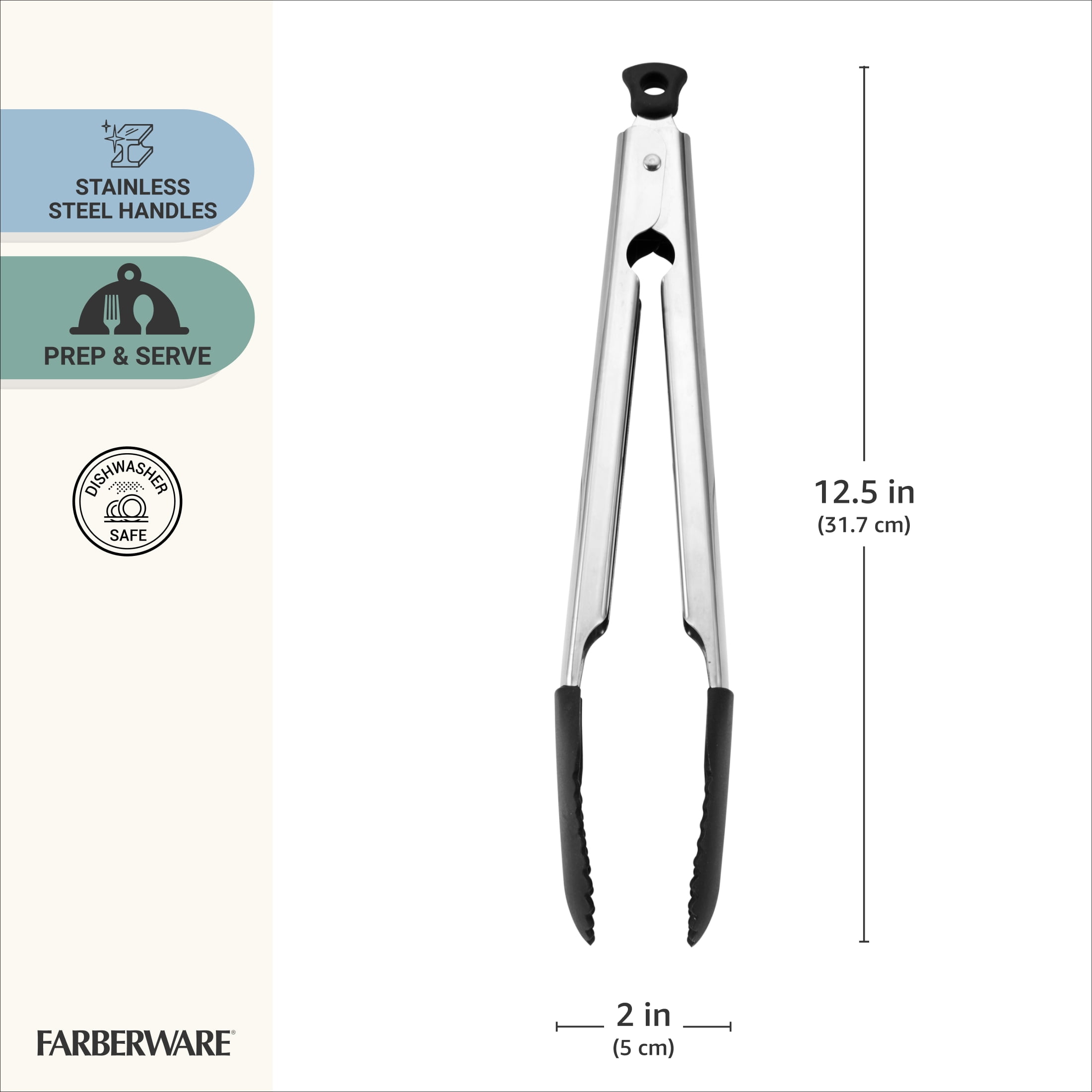 Farberware Professional 12.5-inch Locking Stainless Steel Food Tongs with Silicone Tip Black