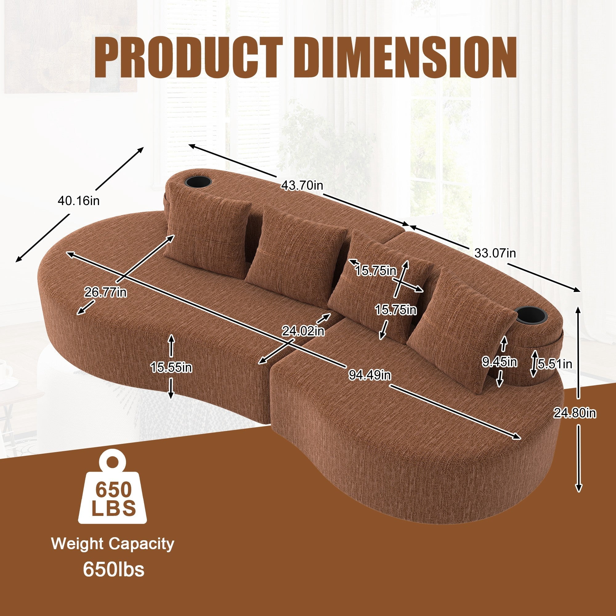 Sailvan Modern Curved Sectional 3 Seat Sofa,Minimalist Half Moon Modular Couch for Living Room,Office and Apartment,Soft Chenille Fabric Orange