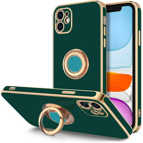 Case for iPhone 11 Case with Ring Stand [360°Rotatable Ring Holder Magnetic Kickstand] [Shiny Plated Rose Gold Edge] Soft TPU Cover Luxury Protective Phone Case for Women Men, Midnight Green