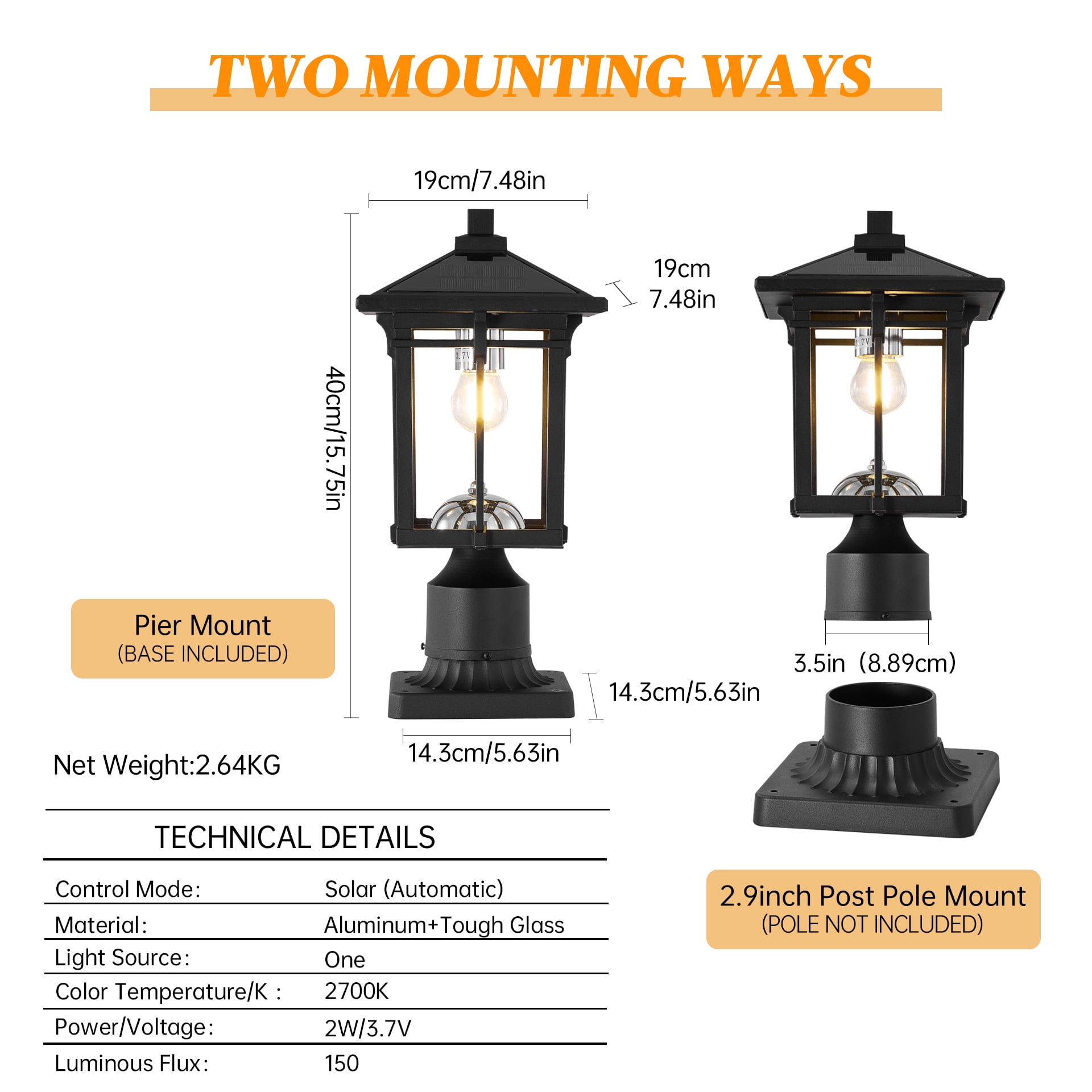 Solar Powered Post Light with Dusk to Dawn Sensor and Pier Mount Base, Outdoor Lamp for Garden and Pathway, Black