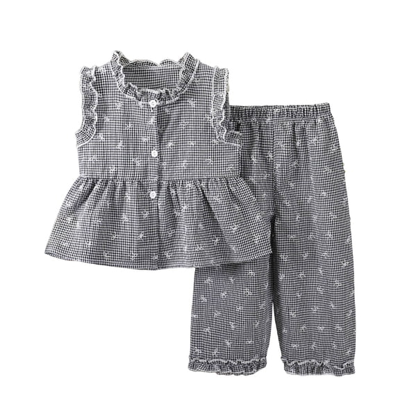 Zaveiop Toddler Baby Summer Clothes Girl 3 6 12 18 24 Months 2T 3T 4T 5T Girls Outfits Ruffle Sleeve Tops Plaid Linen Pants Set (12-18 Months, Black)