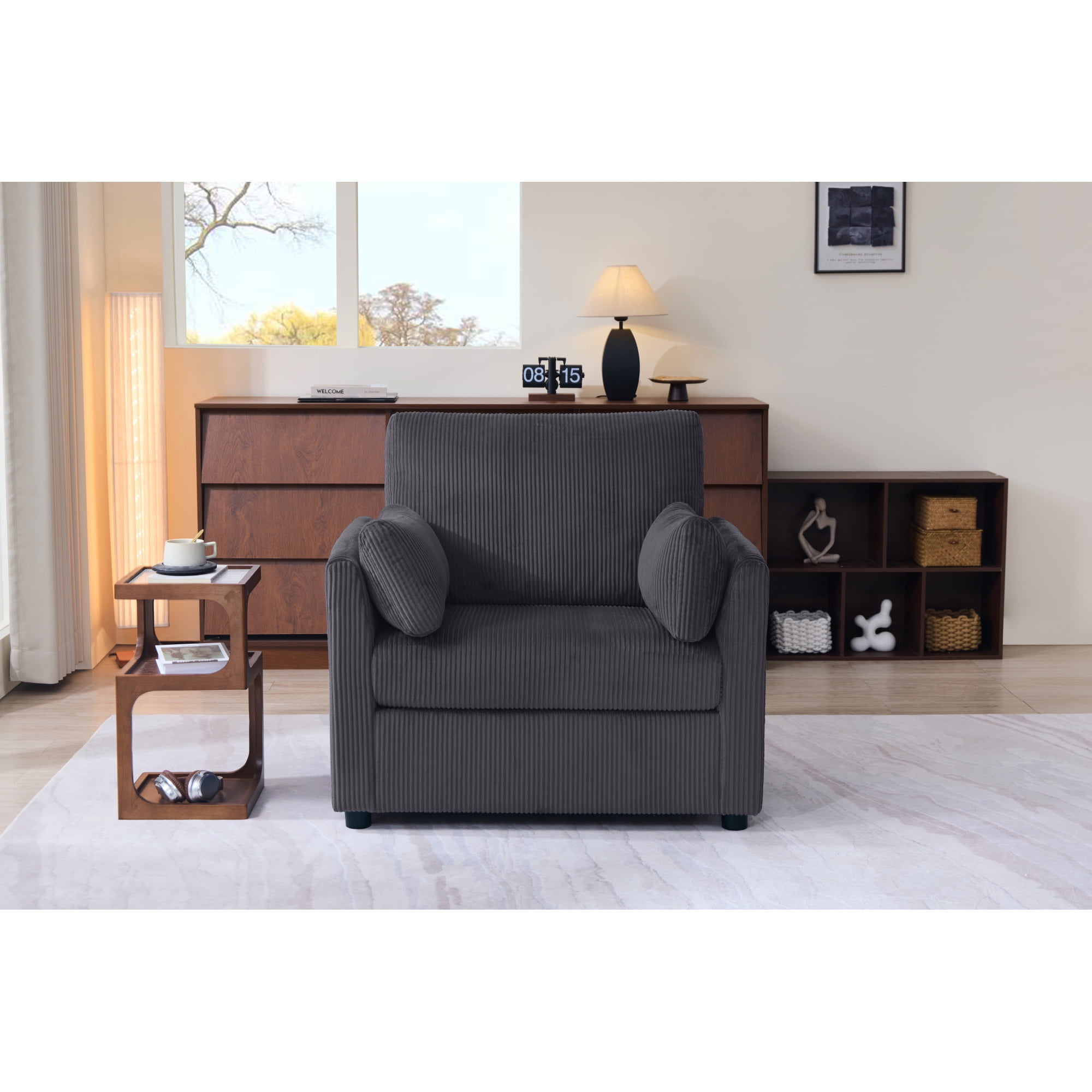 Leumius Corduroy Accent Chair, Modern Upholstered Single Sofa Armchair with 2 Pillows and Side Storage Pockets,Comfy Oversized Reading Chair for Living Room, Bedroom, Apartment,Blue