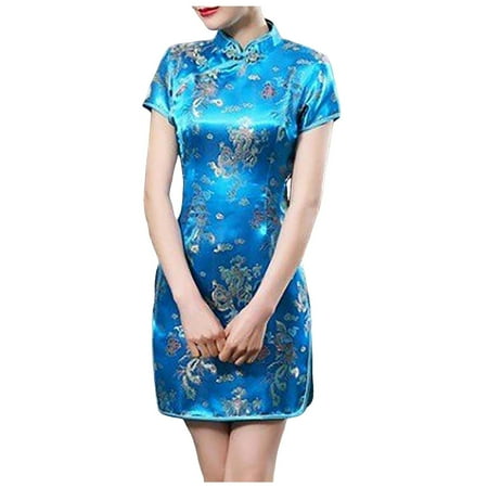 DVKOVI Dresses Prom Corset Prom Dress Chinese Cheongsam Women s Short Sleeve Turtle Neck Bodycon Mini Tank Short Party Dress Blue XXXL