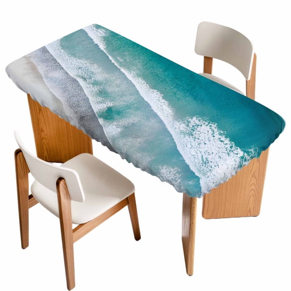 Dark Teal Beach Table Cloths for 3 Foot Rectangle Tables, Summer Sea Waves Coastal Nautical Patio Waterproof Elastic Fitted Tablecloths, Washable Rectangular Table Cover for Camping