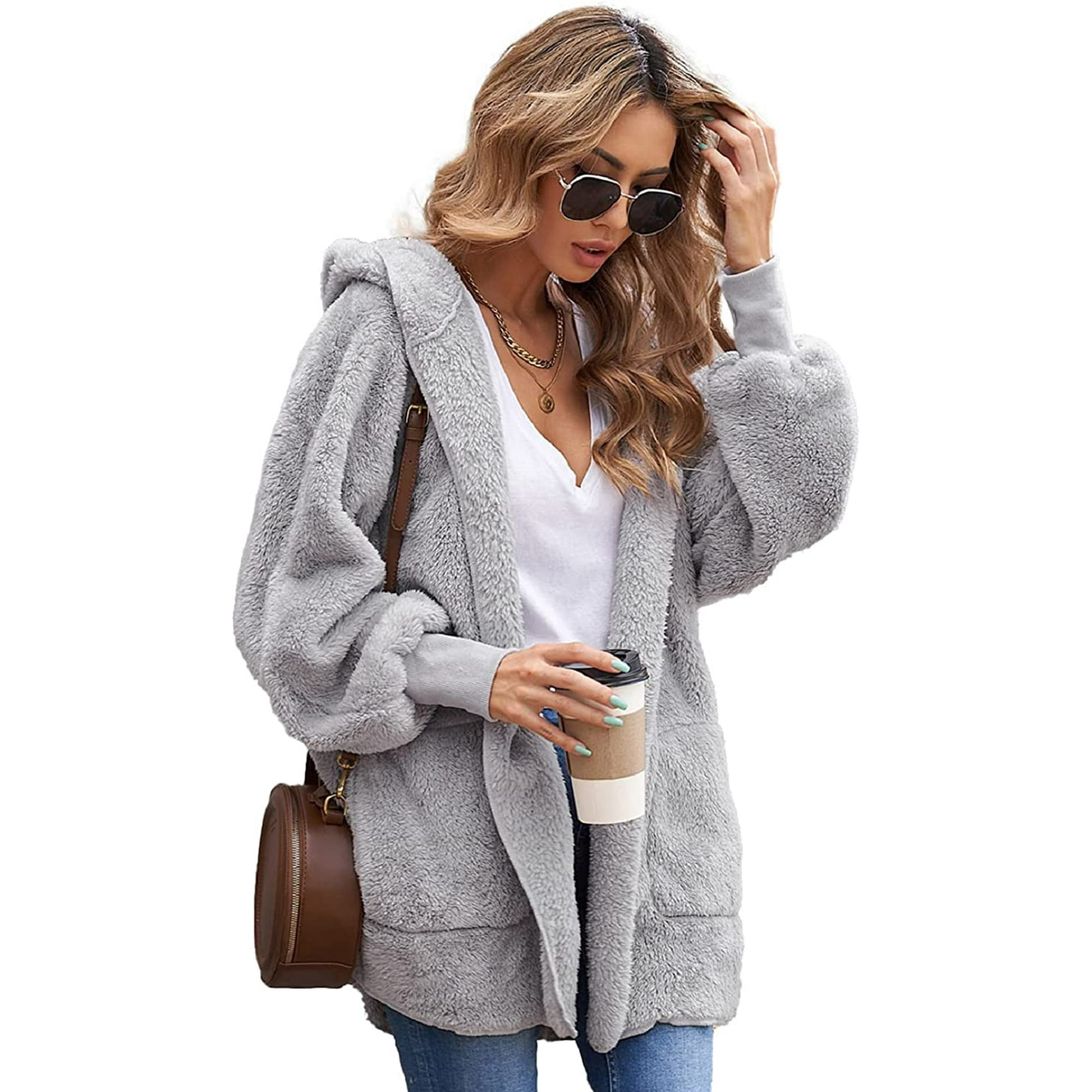 Women Fuzzy Cardigan Hooded Jacket Winter Open Front Fleece Coat Outwear with Pockets Oversized Sherpa Blanket