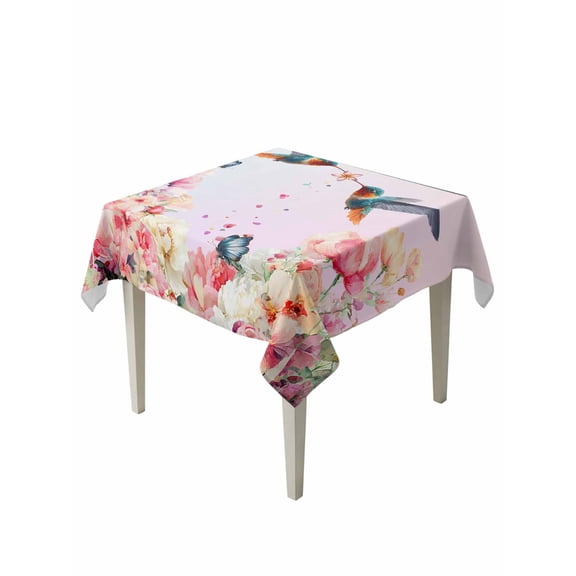 Pink Flower Table Cloth, Waterproof Tablecloth for Square Tables, Spring Floral Elegant Butterflies Birds Farmhouse Reusable Washable Fabric Table Cover for Restaurant Kitchen Dining Tables 60"x60"
