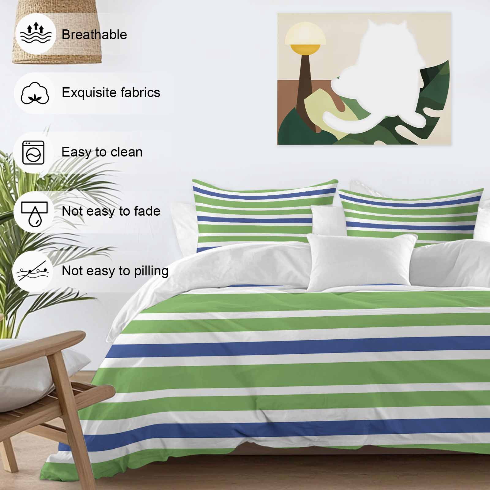 Green Blue Bedding Duvet Cover Set King Size 4 Pieces White Stripe Soft Twill Plush Quilt Cover, Include 1 Duvet Cover 1 Flat Sheet And 2 Pillow