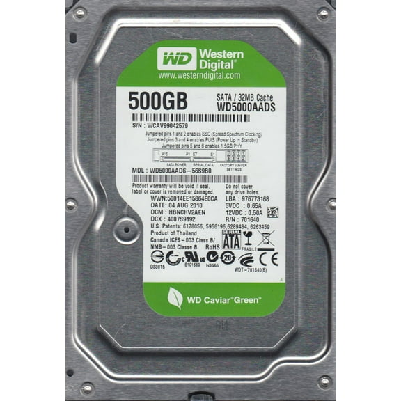 WD5000AADS-56S9B0, DCM HBNCHV2AEN, Western Digital 500GB SATA 3.5 Hard Drive