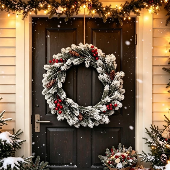 SHENGXINY Christmas Wreath, 17.7in Flocked White Artificial Pine Wreath with Red Berries Pinecone for Front Door Wall Christmas Decor