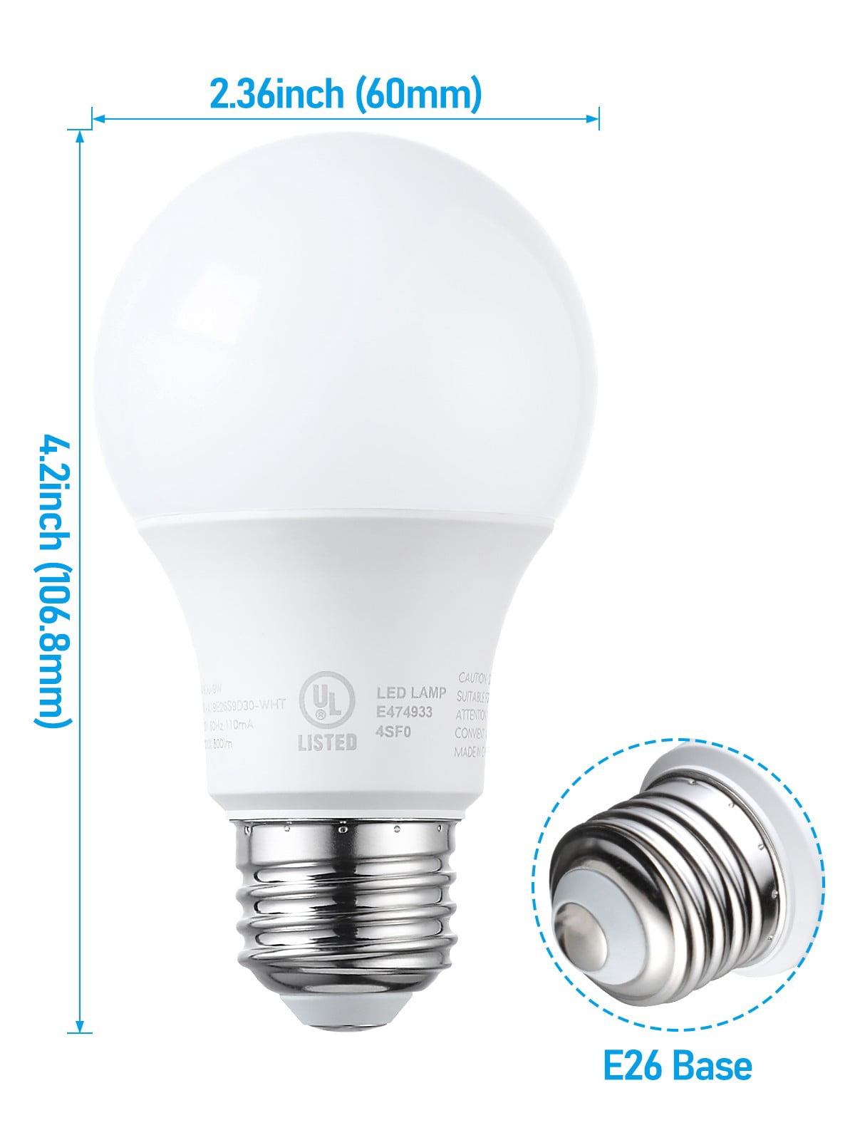 30 Pack A19 LED Light Bulbs 60W Equivalent, UL Listed, Dimmable, E26 Standard Base, Flicker Free