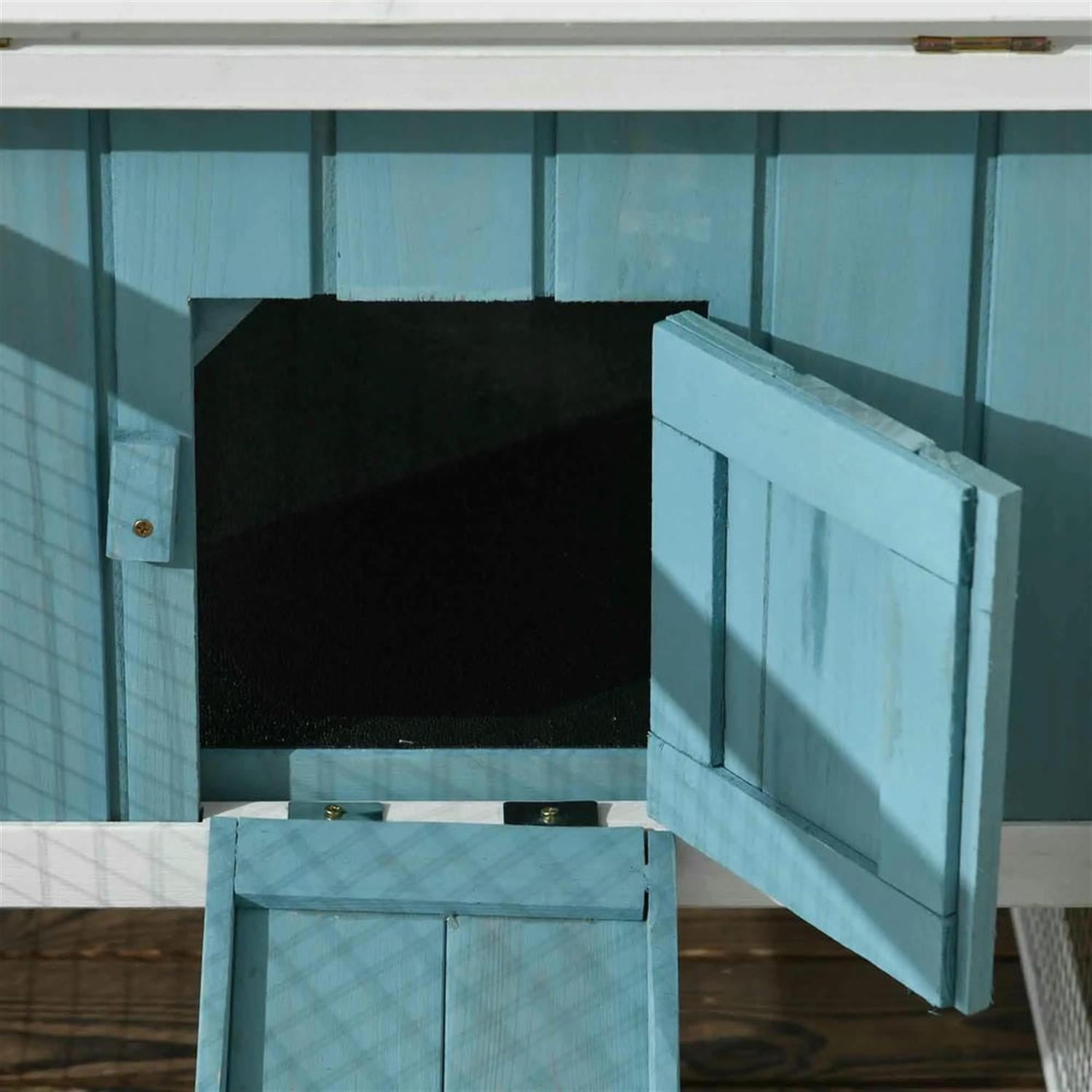 Kadyn 61" 2-Story Wooden Rabbit Hutch with Slide-out Tray, Outdoor Small Animal Habitat Enclosure Bunny Cage for Bunnies, Guinea Pigs, Blue