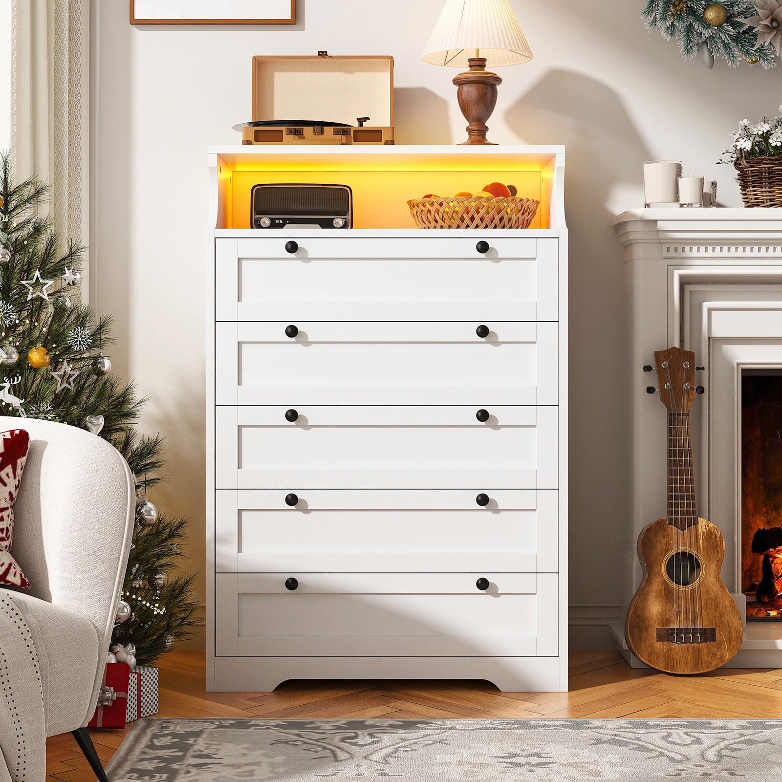 EnHomee White 5 Drawer Dresser with LED Light, 31.7"L x 15.9"W x 48.6"H, Modern Bedroom Furniture