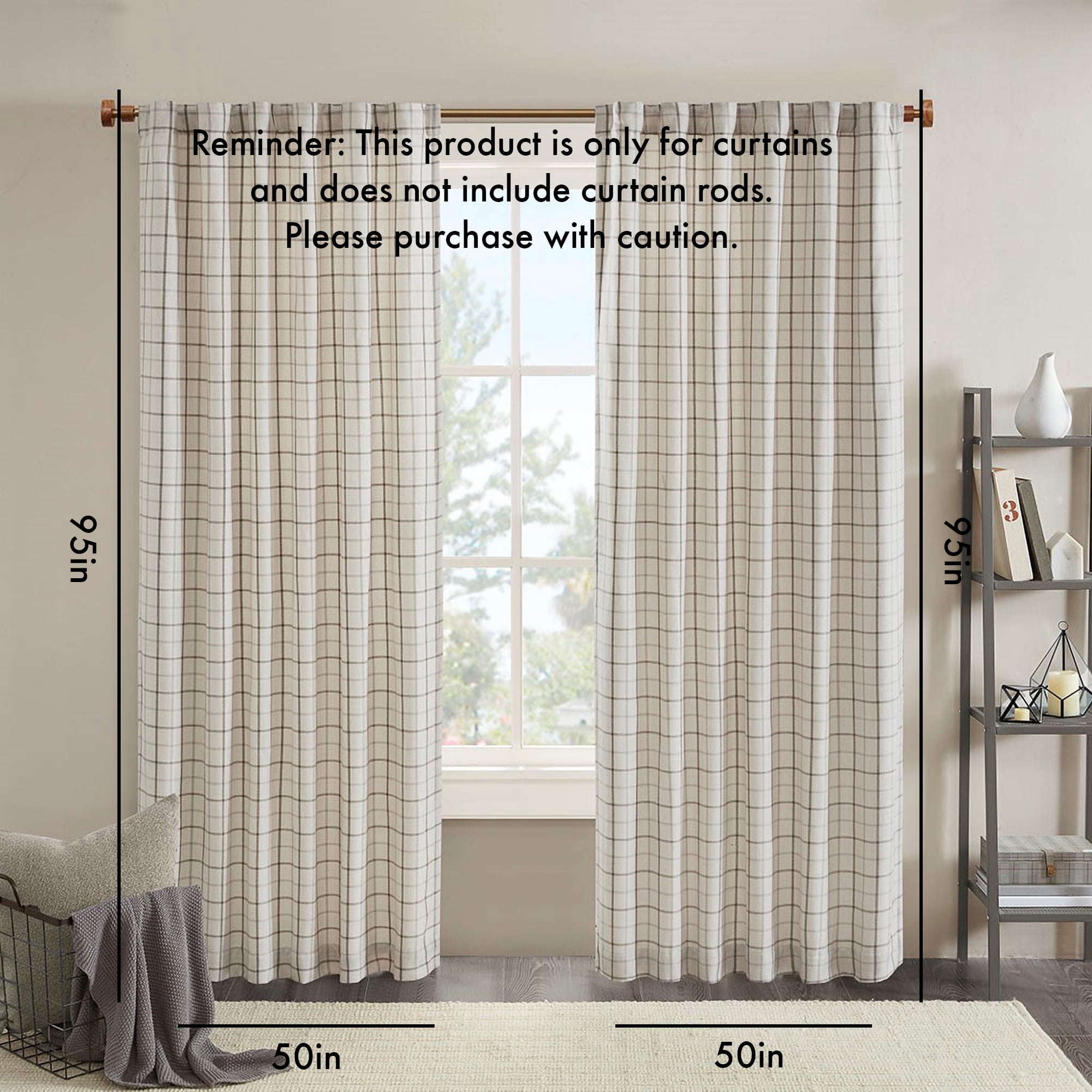 Plaid Rod Pocket and Back Tab Curtain Panel with Fleece Lining Natural 50"x95"