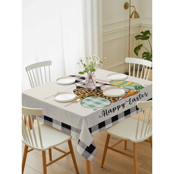 Happy Easter Bunny Tablecloth Rectangle Table Cloth 60x84, Waterproof Tablecloth Outdoor Table Cloth, Floral Eggs Black White Buffalo Washable Table Cover for Kitchen Dinning Party