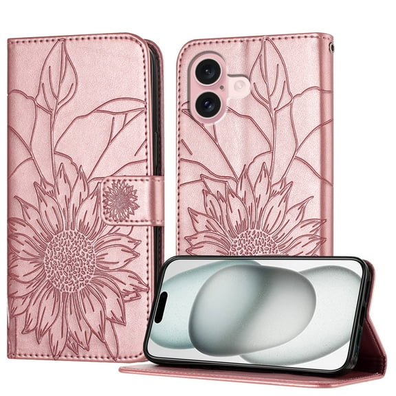 Decase Wallet Case for iPhone 16 Case with Card Holder,Sunflower Pattern Leather Phone Case with Kickstand Magnetic Closure Shockproof Cover Fits for iPhone 16,Rosegold