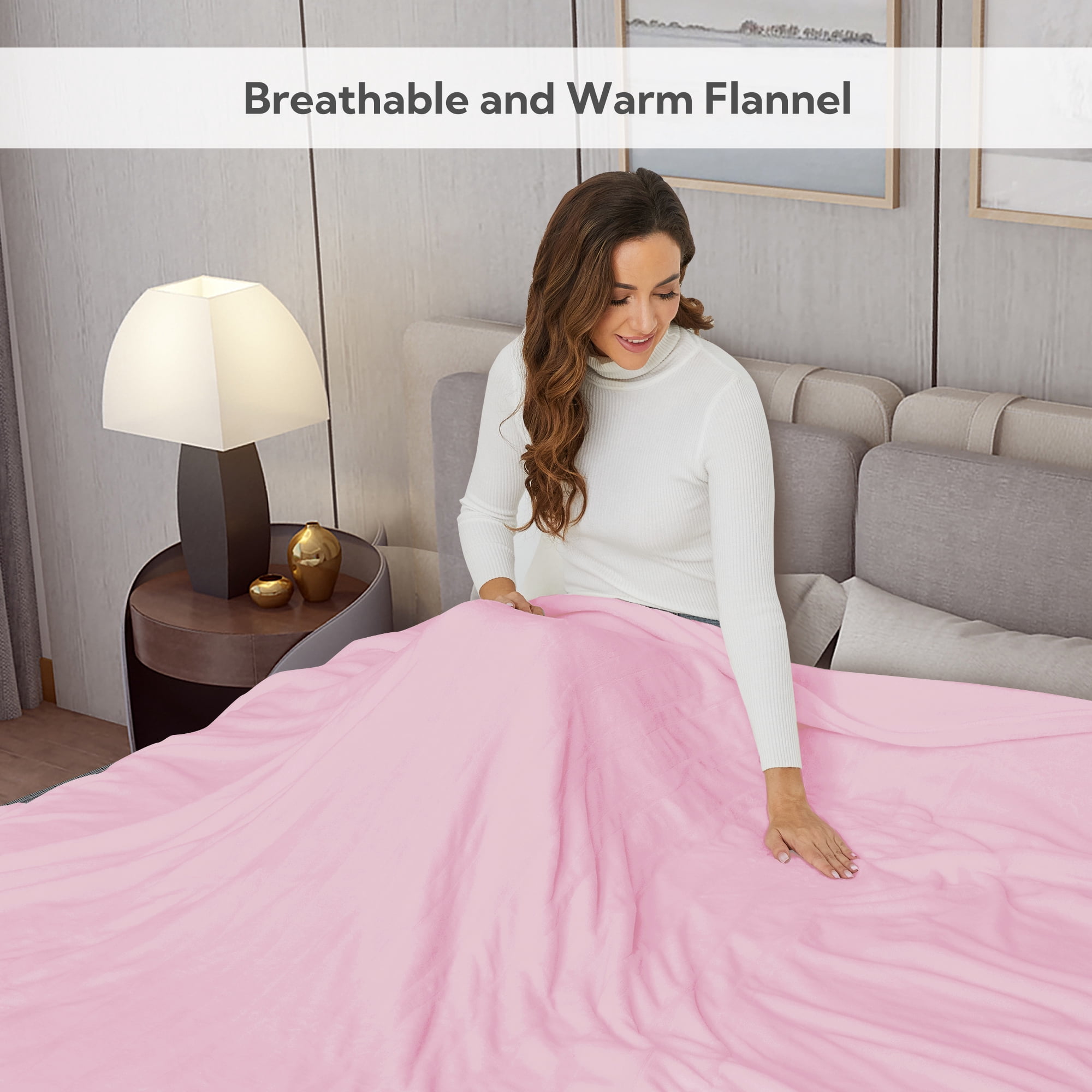 SUNNY HEAT Electric Heated Blanket Flannel 84" x 90" Queen Size-4 Heating Settings & 10 Hours Auto Off, Cozy Machine Washable-Pink