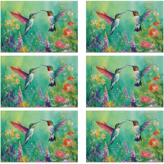 Hummingbird 12x18 Inch Placemats Set of 6 - Waterproof, Non-Slip & Washable Vintage Spring Flower Birds Table Mats for Kitchen & Dining Table Placemats