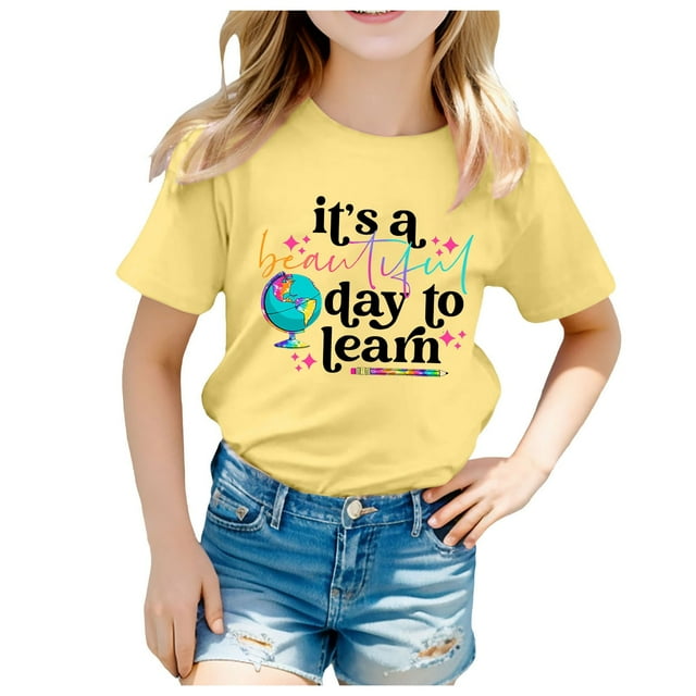 LUOGENLI T-Shirt pour Filles Enfants Rentrée des Classes Imprimé Décontracté Manches Courtes Haut T-Shirt Chemises pour Filles Denim Fluide Jaune 160.00