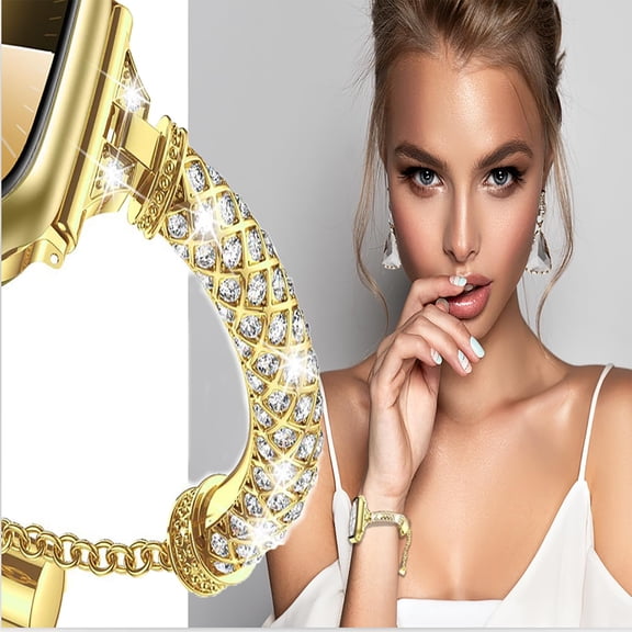 YUYAN-Gold Stainless Steel Band Compatible Apple Watch Slim Starlight Bracelet Women 38mm 40mm 41mm 46mm 42mm 44mm 45mm 49mm. Dressy Bling Silver Leopard Thin Metal Bangle for iphone Watch Wristband