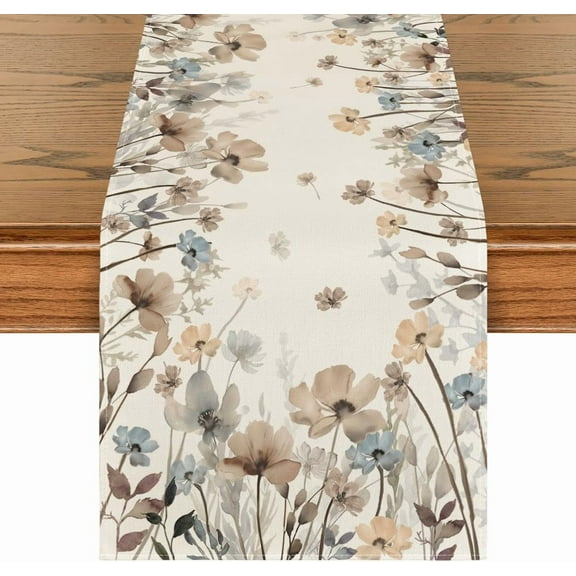 Brown Poppy Flowers Floral Blossom Summer Table Runner, Spring Fall Kitchen Dining Table Decoration for Home Party Decor 13x48 Inch
