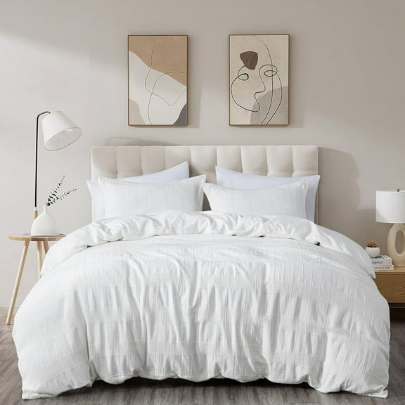 Chezmoi Collection 3-Piece Cotton Clip Jacquard Duvet Cover Set Queen, Boho Chic Textured Tufted Basketweave Striped Comforter Cover with Button Closure, White