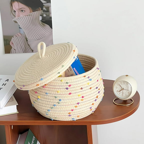 Small Rope Basket with Lid,10x6 Round Woven Storage Basket for Organizing, Colorful Rainbow Pompom Decorative Toy Basket Cute Storage Basket Bin Box
