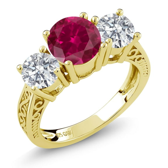 Gem Stone King 18K Yellow Gold Plated Silver Red Created Ruby and Lab Grown Diamond Engagement Ring for Women | 2.55 Cttw | Round 7MM | Gemstone July Birthstone | Size 7