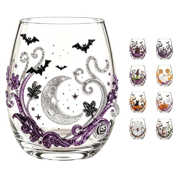 Stemless Glasses 15oz Pumpkin Printed Pattern Tumbler Cups Drinking Glasses Flat Glass Dishwasher for Halloween Fall Party Home Bar Red
