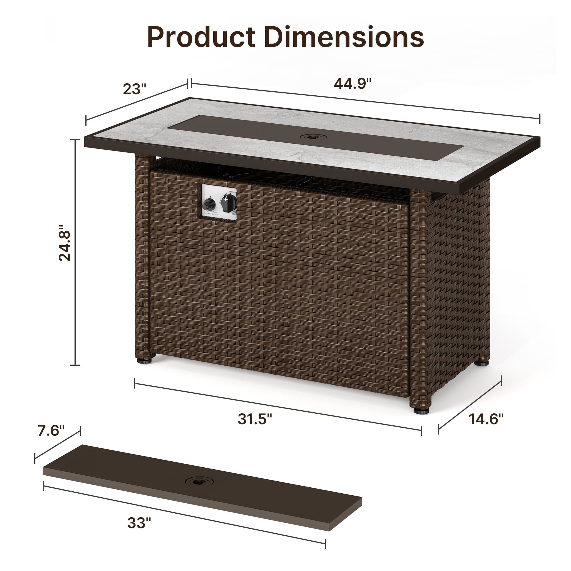 45" Rectangular Propane Fire Pit with Lid, 50,000 BTU Tabletop Fire Pit with Glass Rock, Waterproof Cover and PE Rattan, Brown