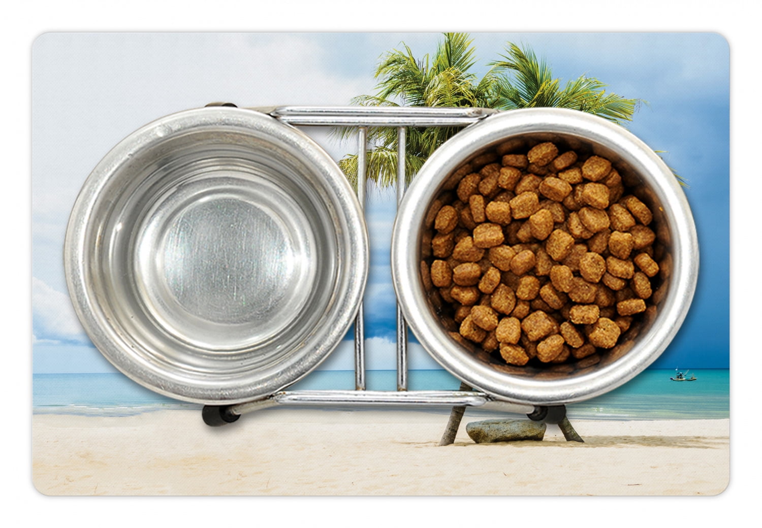 Hawaiian Pet Mat for Food and Water, Cloudy Sky Boat in the Sea Palm